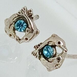 Sterling Silver 925 Dolphin Stud Earrings Blue Crystal Nautical Vintage Jewelry